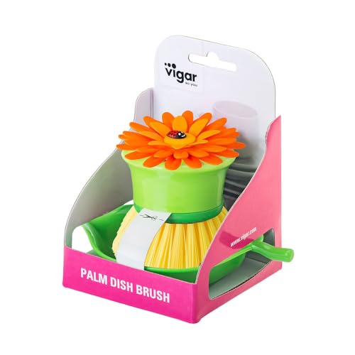 Vigar Flower Palm Dish Scrub Brush with Holder, Perfect Kitchen Brushes for Dishes, Sink Brush and Cleaning Brushes for Household Use, Orange, Green - Image 4