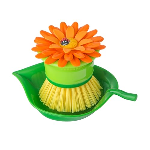 Vigar Flower Palm Dish Scrub Brush with Holder, Perfect Kitchen Brushes for Dishes, Sink Brush and Cleaning Brushes for Household Use, Orange, Green - Image 1