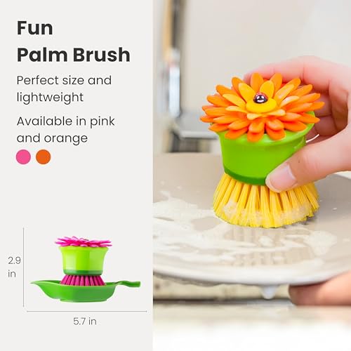 Vigar Flower Palm Dish Scrub Brush with Holder, Perfect Kitchen Brushes for Dishes, Sink Brush and Cleaning Brushes for Household Use, Orange, Green - Image 3