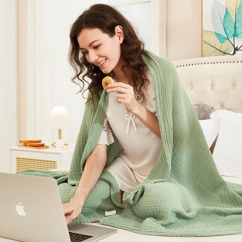 EMME Cotton Muslin Blanket King Size - Soft, Breathable Layering Blanket, 108"x90", All Season Gauze, Sage Green - Image 2