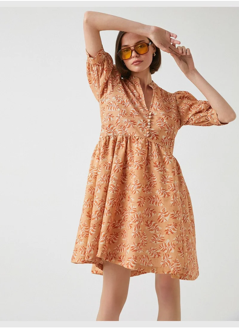 كوتون Puff Sleeve Patterned Frill Dress