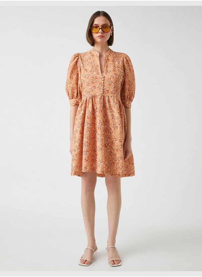 KOTON Puff Sleeve Patterned Frill Dress