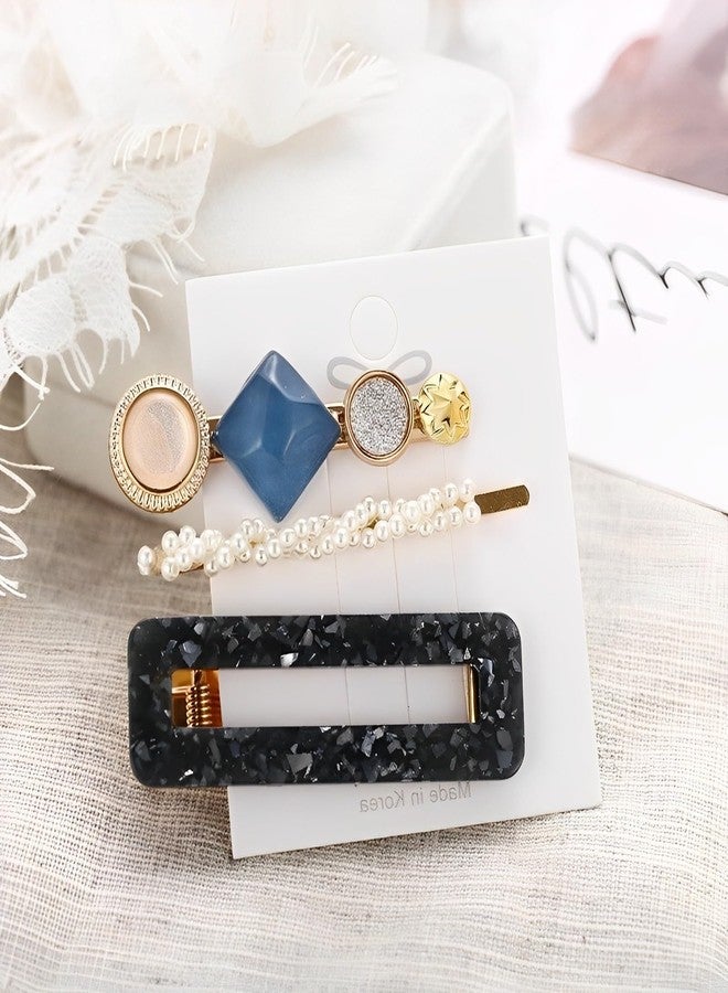 Trendy Blue & Pearl Hair Clip Set – Elegant Korean Design - Image 2
