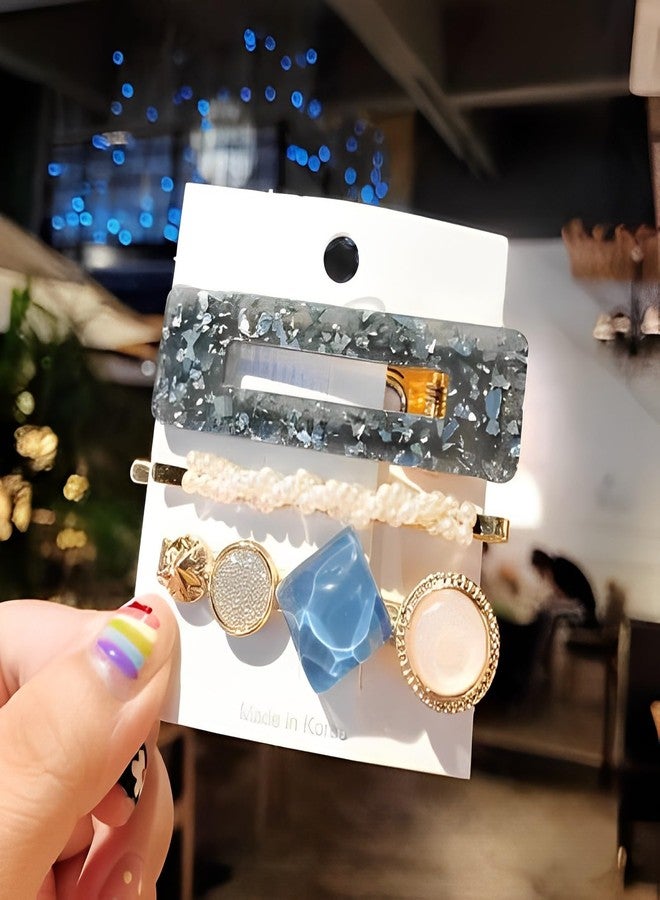 Trendy Blue & Pearl Hair Clip Set – Elegant Korean Design - Image 1