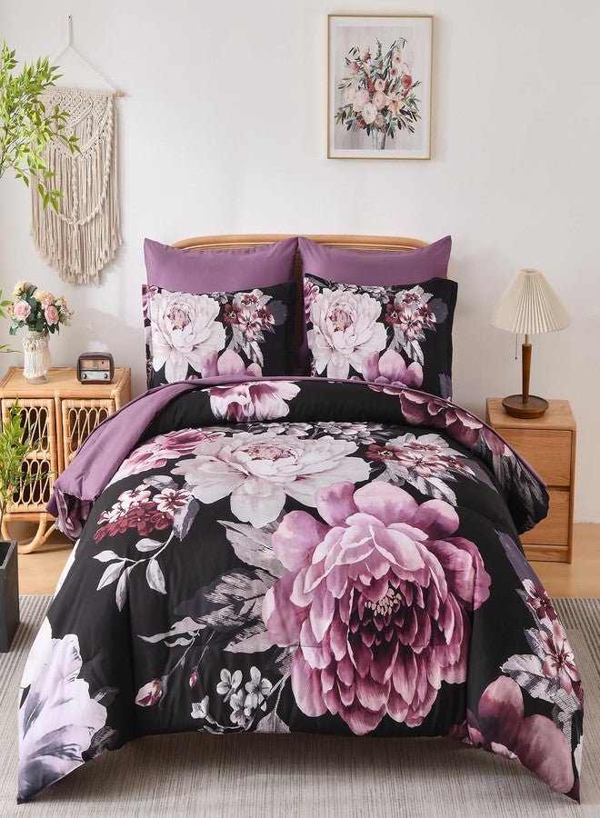 Dintszyayue King Comforter Set Black Purple 7 Pieces Bed in a Bag, Floral Bedding Sets Elegant Flower Bed Set Lightweight Comforter for All Season with Flat Sheet, Fitted Sheets, Pillowcases & Shams - Image 1