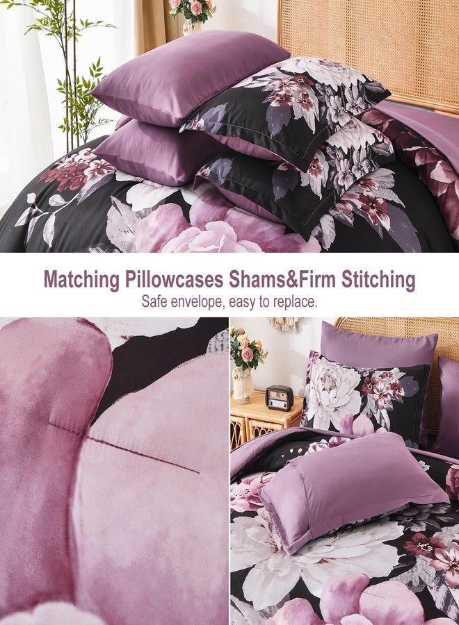 Dintszyayue King Comforter Set Black Purple 7 Pieces Bed in a Bag, Floral Bedding Sets Elegant Flower Bed Set Lightweight Comforter for All Season with Flat Sheet, Fitted Sheets, Pillowcases & Shams - Image 5