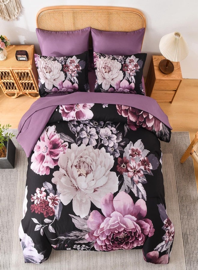 Dintszyayue King Comforter Set Black Purple 7 Pieces Bed in a Bag, Floral Bedding Sets Elegant Flower Bed Set Lightweight Comforter for All Season with Flat Sheet, Fitted Sheets, Pillowcases & Shams - Image 3