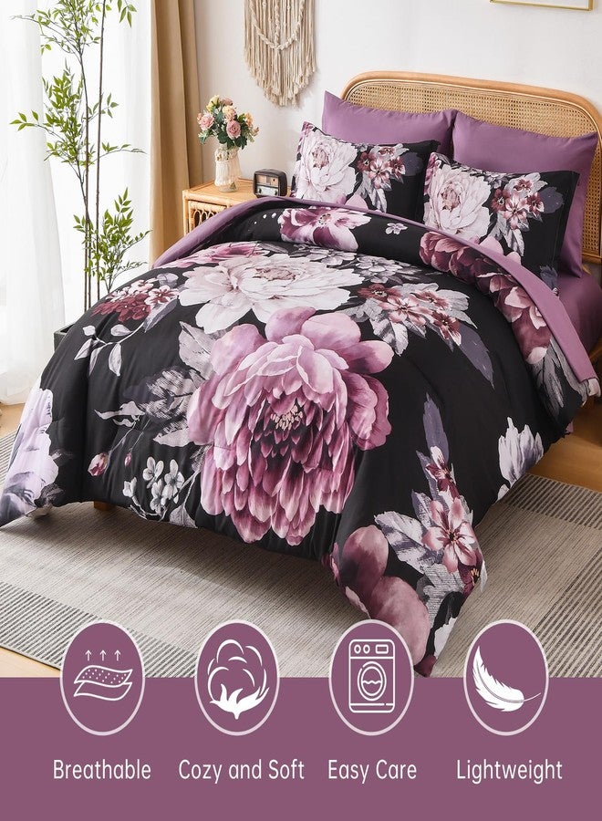 Dintszyayue King Comforter Set Black Purple 7 Pieces Bed in a Bag, Floral Bedding Sets Elegant Flower Bed Set Lightweight Comforter for All Season with Flat Sheet, Fitted Sheets, Pillowcases & Shams - Image 2