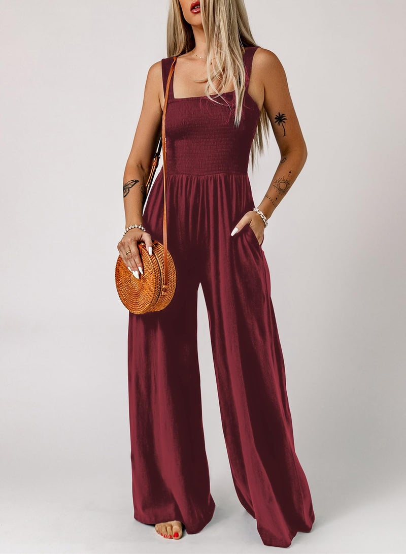 Dokotoo Loose Jumpsuits for Women Overalls Oversized Solid Color Wide Leg One Piece Sleeveless jumpsuit Long Pant Romper with Pockets 2025 Fashion Burgundy Red Large - Image 2