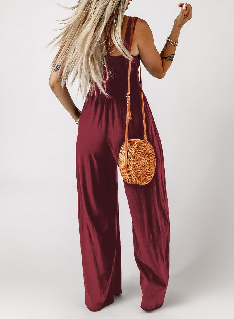 Dokotoo Loose Jumpsuits for Women Overalls Oversized Solid Color Wide Leg One Piece Sleeveless jumpsuit Long Pant Romper with Pockets 2025 Fashion Burgundy Red Large - Image 4
