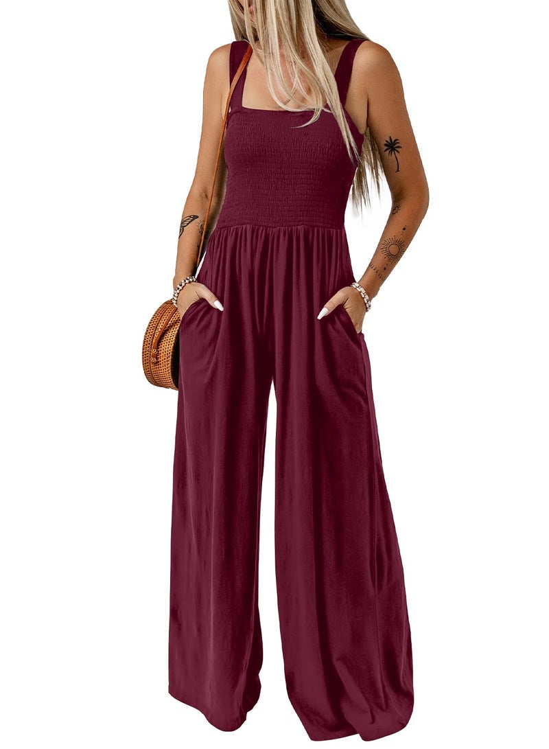 Dokotoo Loose Jumpsuits for Women Overalls Oversized Solid Color Wide Leg One Piece Sleeveless jumpsuit Long Pant Romper with Pockets 2025 Fashion Burgundy Red Large - Image 1