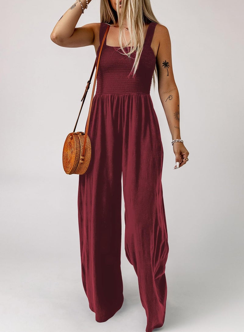 Dokotoo Loose Jumpsuits for Women Overalls Oversized Solid Color Wide Leg One Piece Sleeveless jumpsuit Long Pant Romper with Pockets 2025 Fashion Burgundy Red Large - Image 3