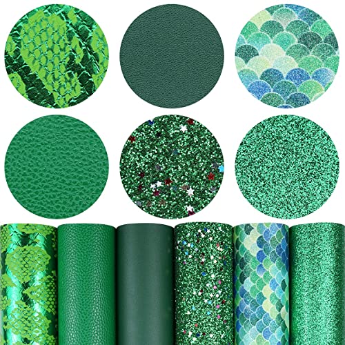 Litchi 6 Pack 8x12 Inch Faux Leather Sheets for Bow Earring, Easy to Cut Vinyl Fabric for Cricut, Durable Fade Resistant Leatherette Without Smell, Green - Image 1