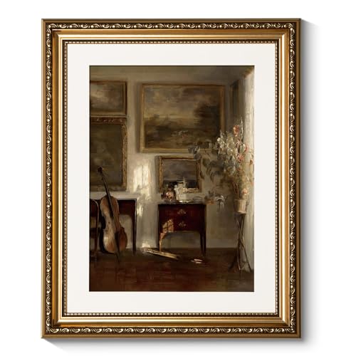 ARPEOTCY Vintage Gold Framed Wall Art Still Life Interior Cello Landscape Paintings Victorian Farmhouse Wall Decor for Living Room Bedroom Bathroom Canvas Prints Antique Picture Frame 13x16 inch - Image 1