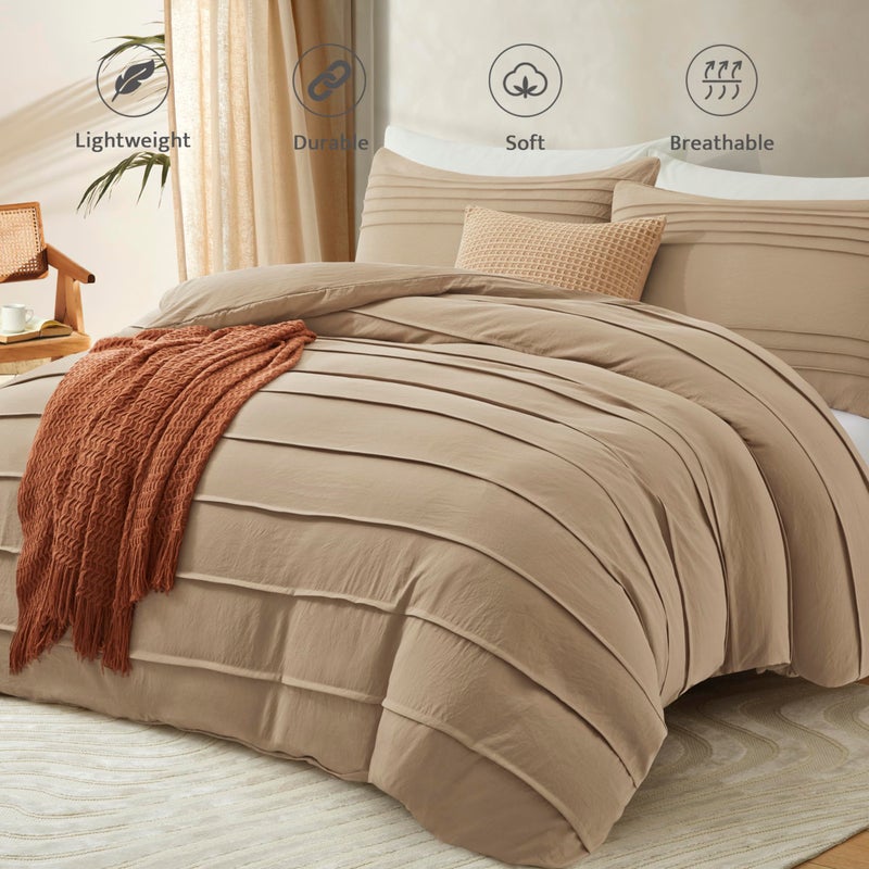 Oli Anderson Khaki Duvet Cover King Size - Pleated King Duvet Cover, 3PCS Soft and Breathable Textured Bedding Set with Zipper Closure(Khaki,104"x90") - Image 2