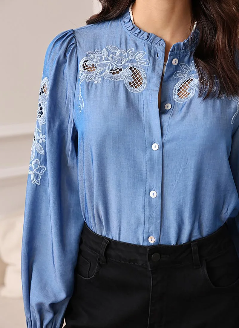 يونيكي Blue Collarless Puff Sleeves Regular Fit Shirt