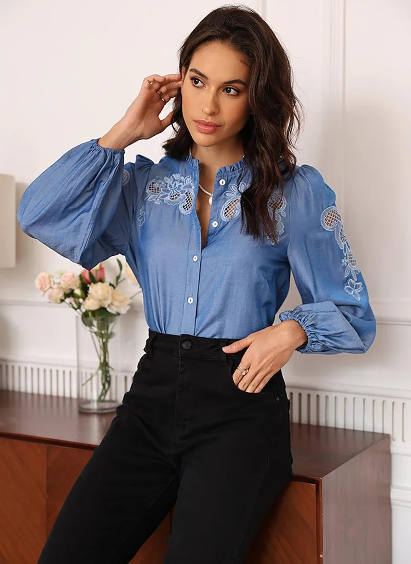 يونيكي Blue Collarless Puff Sleeves Regular Fit Shirt