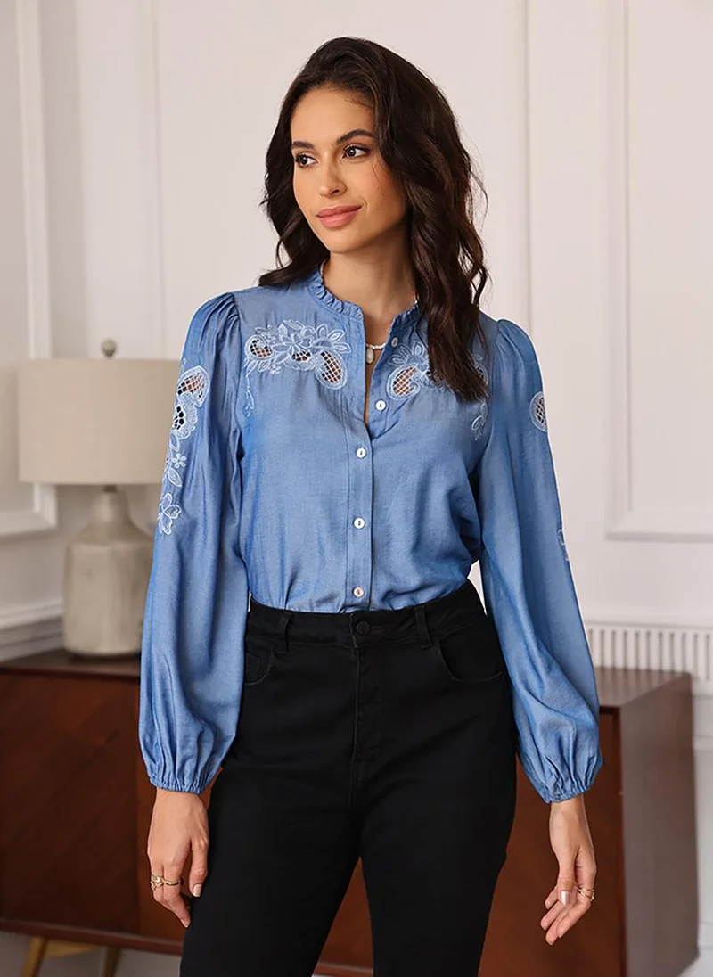 يونيكي Blue Collarless Puff Sleeves Regular Fit Shirt