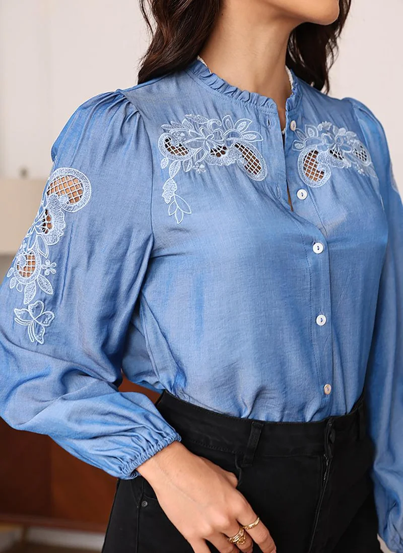 يونيكي Blue Collarless Puff Sleeves Regular Fit Shirt