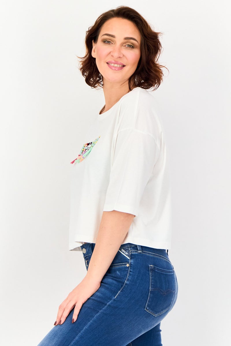 ONLY Women Crew Neck Short Sleeve Graphic T Shirt, White - Image 2