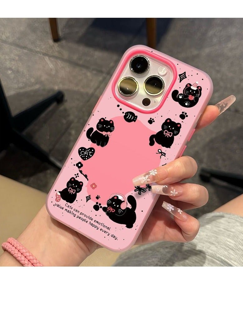 NIBEMINENT Cute Hollow Black Cat Protective TPU Case Cover For iPhone 16 Pro Max, Pink