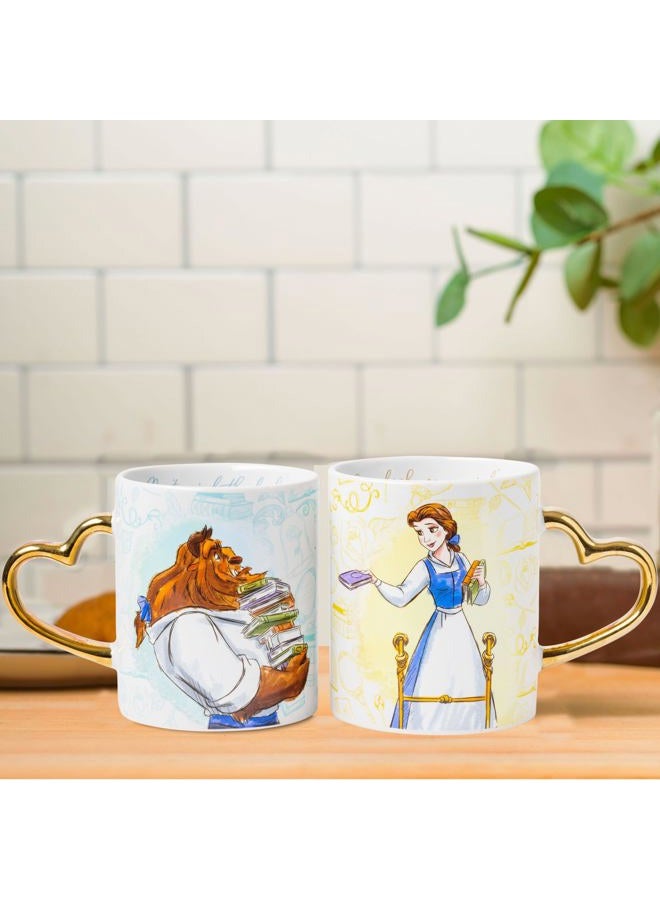 Silver Buffalo Disney Princess Beauty and the Beast Don't Mind the Books Gold Heart Shaped Handle 2 Pack Ceramic Mug Set, 14 Ounces - Image 4