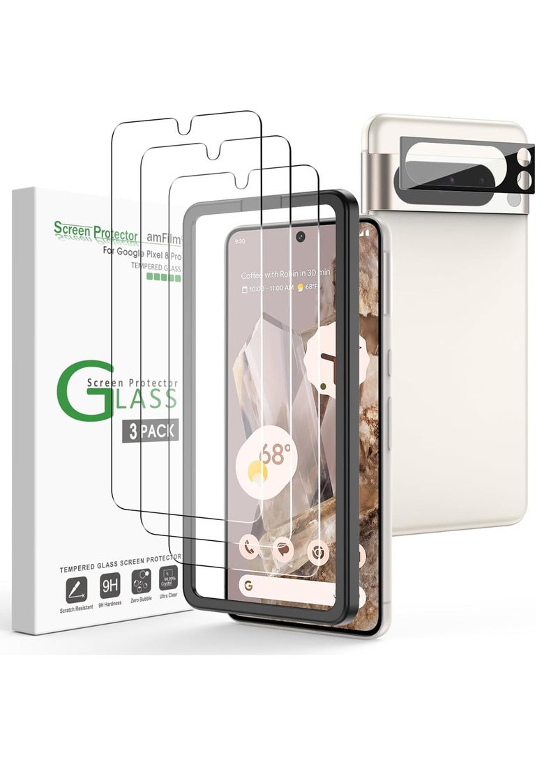 Amfilm amFilm 3+1 Pack for Google Pixel 8 Pro Screen Protector 6.7" Tempered Glass, Ultrasonic Fingerprint Compatible, with Easy Installation Frame, Anti Scratch, Bubbles-Free, Case Friendly  - Image 1