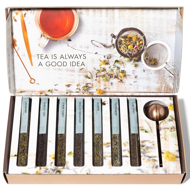 Thoughtfully Gourmet, Tea Therapy Infusion Gift Set, 7 Unique Flavors and Reusable Copper Ball Infuser, Loose Leaf Tea Set Flavors Include Peppermint, Jasmine, Vanilla Chai and More, Set of 7 - Image 4