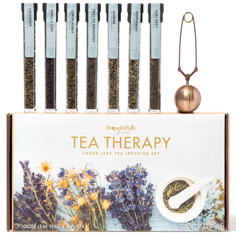 Thoughtfully Gourmet, Tea Therapy Infusion Gift Set, 7 Unique Flavors and Reusable Copper Ball Infuser, Loose Leaf Tea Set Flavors Include Peppermint, Jasmine, Vanilla Chai and More, Set of 7 - Image 1