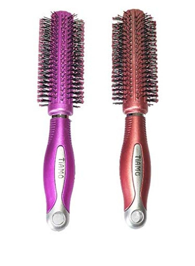 Tiamo Round Plastic Hairbrush set pink and brown for daily grooming - Image 1