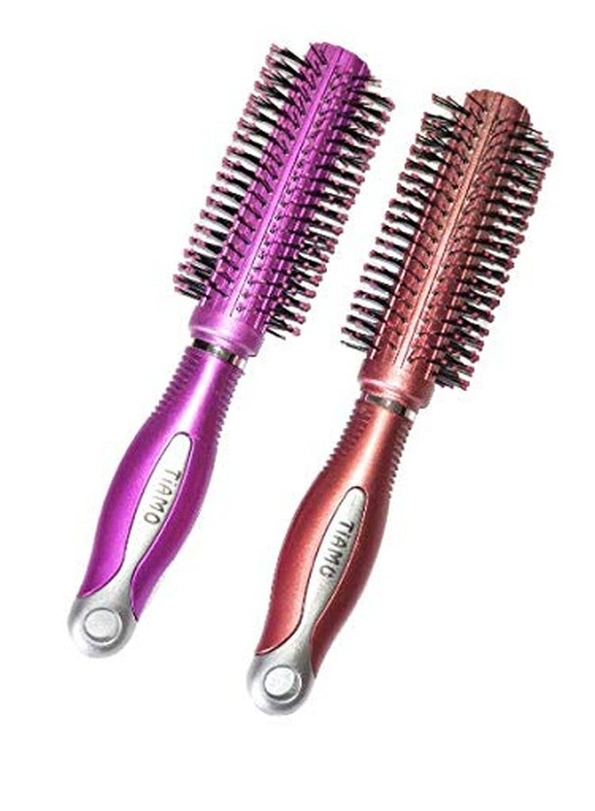 Tiamo Round Plastic Hairbrush set pink and brown for daily grooming - Image 2
