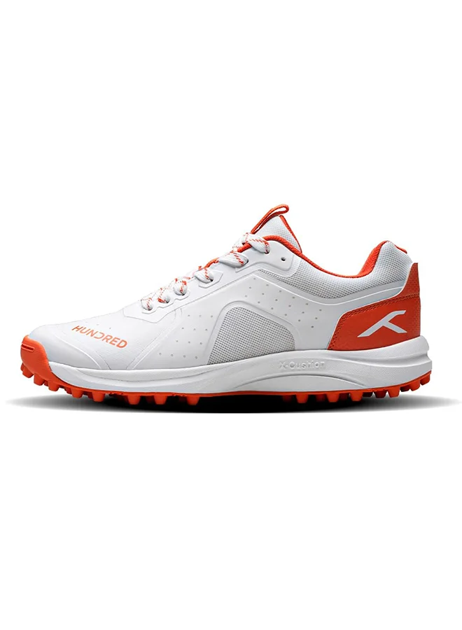 HUNDRED Hundred TerraLite Cricket Shoes | TerraSpike Rubber Studs | Embedded Support Plate for Stability | Lightweight & Durable | Ideal for Turf, Ground & Hard Surfaces (White/Orange ; UK 9)