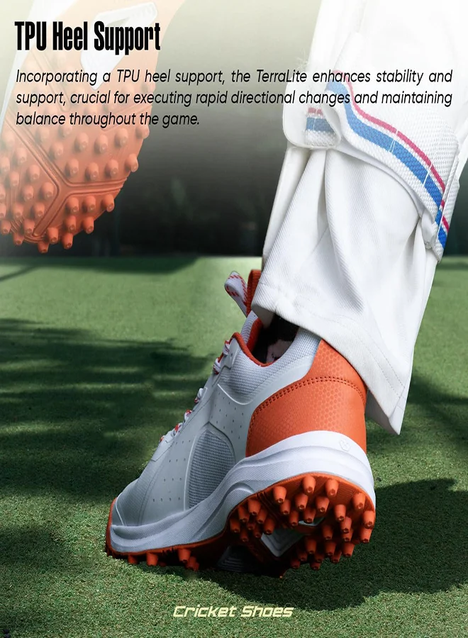HUNDRED Hundred TerraLite Cricket Shoes | TerraSpike Rubber Studs | Embedded Support Plate for Stability | Lightweight & Durable | Ideal for Turf, Ground & Hard Surfaces (White/Orange ; UK 9)