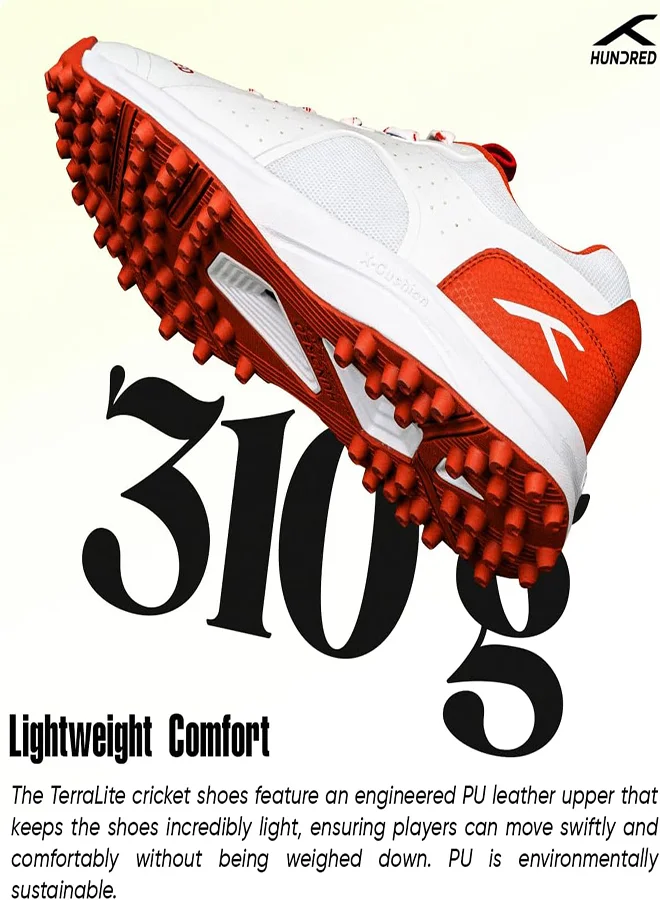 HUNDRED Hundred TerraLite Cricket Shoes | TerraSpike Rubber Studs | Embedded Support Plate for Stability | Lightweight & Durable | Ideal for Turf, Ground & Hard Surfaces (White/Orange ; UK 9)