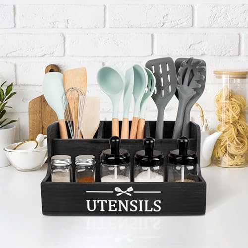 RedCall Extra Large Kitchen Utensils Holder 4 Compartments,Wood Utensil Organizer for Kitchen Countertop,Farmhouse Cooking Utensil Holder with Spice Storage space (Black) - Image 2