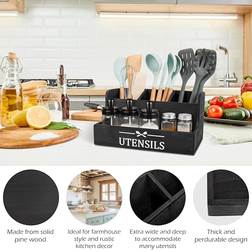 RedCall Extra Large Kitchen Utensils Holder 4 Compartments,Wood Utensil Organizer for Kitchen Countertop,Farmhouse Cooking Utensil Holder with Spice Storage space (Black) - Image 3
