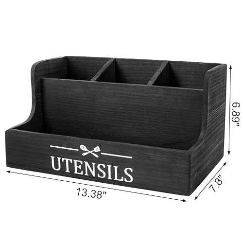 RedCall Extra Large Kitchen Utensils Holder 4 Compartments,Wood Utensil Organizer for Kitchen Countertop,Farmhouse Cooking Utensil Holder with Spice Storage space (Black) - Image 5