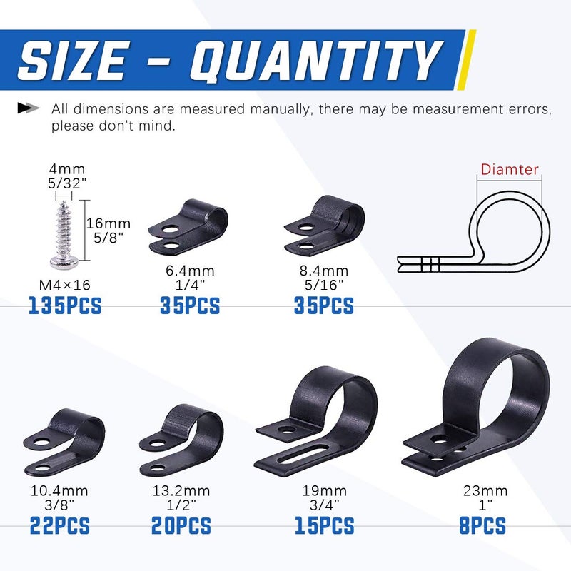 Glarks 135Pcs 6 Sizes 1/4''-1'' Black Nylon Screw Mounting R-Type Cable Clip Wire Clamp with 132Pcs Screws for Wire, Cable, Conduit and Cable Conduit Kit (Black) - Image 2
