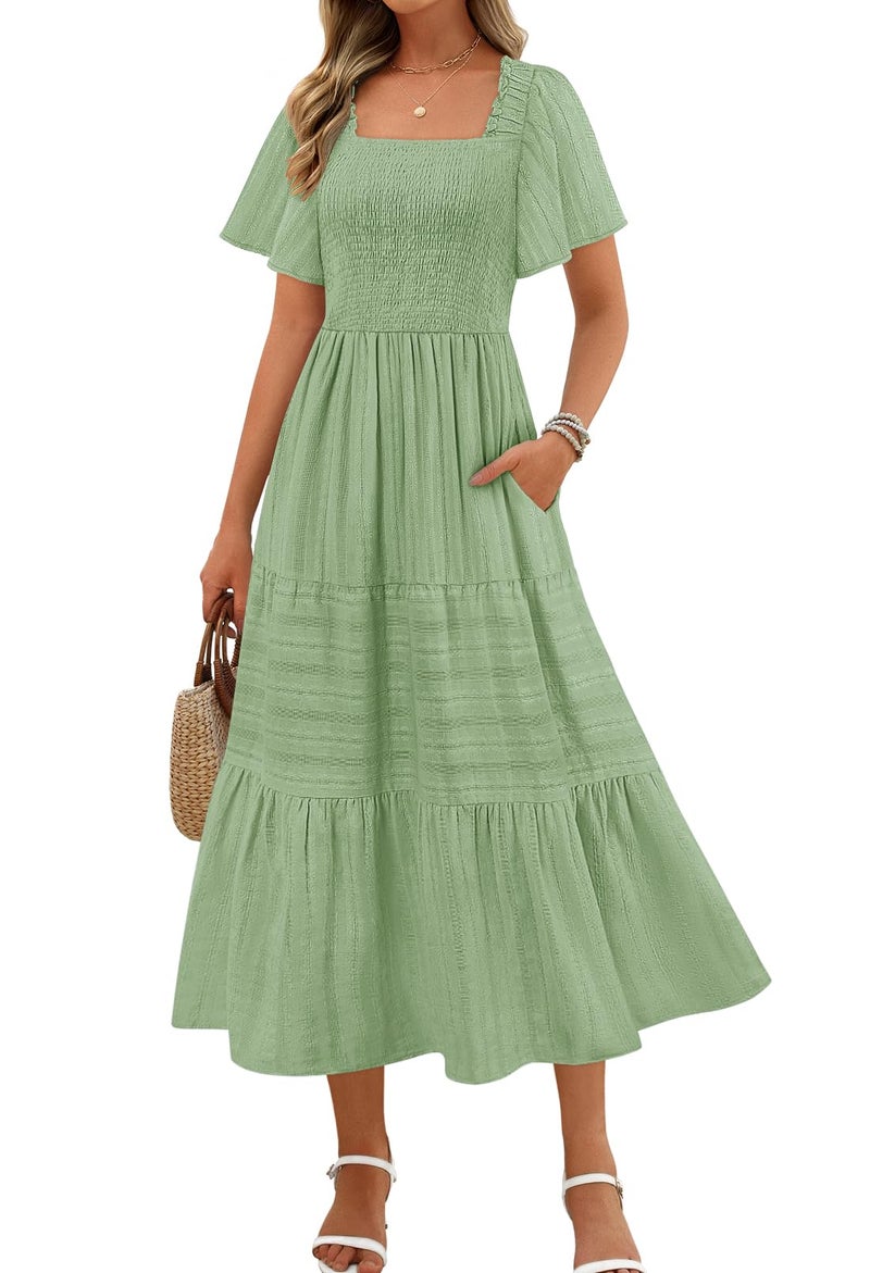MEROKEETY Women's 2026 Summer Flowy Midi Maxi Dress Short Sleeve Square Neck Smocked Tiered Ruffle Boho Dresses with Pockets, Green, Medium - Image 1