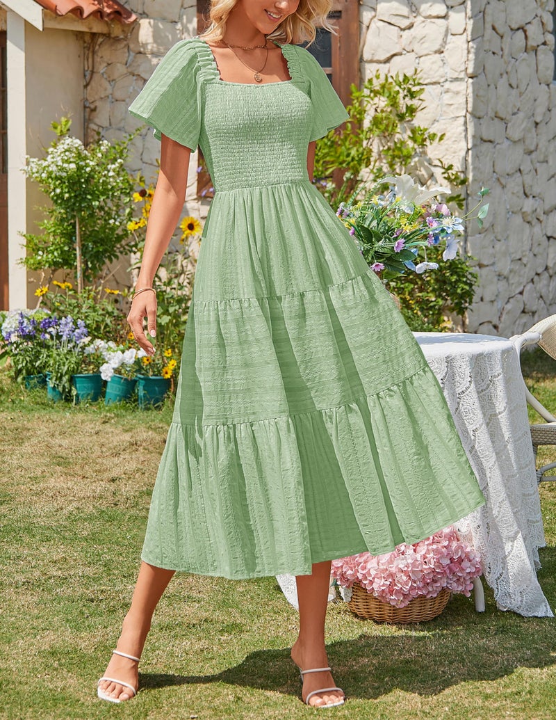 MEROKEETY Women's 2026 Summer Flowy Midi Maxi Dress Short Sleeve Square Neck Smocked Tiered Ruffle Boho Dresses with Pockets, Green, Medium - Image 2