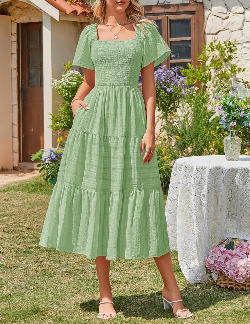 MEROKEETY Women's 2026 Summer Flowy Midi Maxi Dress Short Sleeve Square Neck Smocked Tiered Ruffle Boho Dresses with Pockets, Green, Medium - Image 3