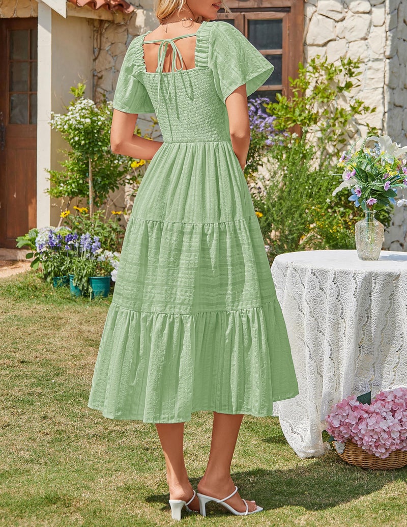 MEROKEETY Women's 2026 Summer Flowy Midi Maxi Dress Short Sleeve Square Neck Smocked Tiered Ruffle Boho Dresses with Pockets, Green, Medium - Image 4