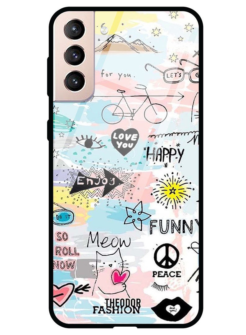 Theodor Protective Tempered Glass Case Cover Samsung Galaxy S21  Doodle Art - Image 1