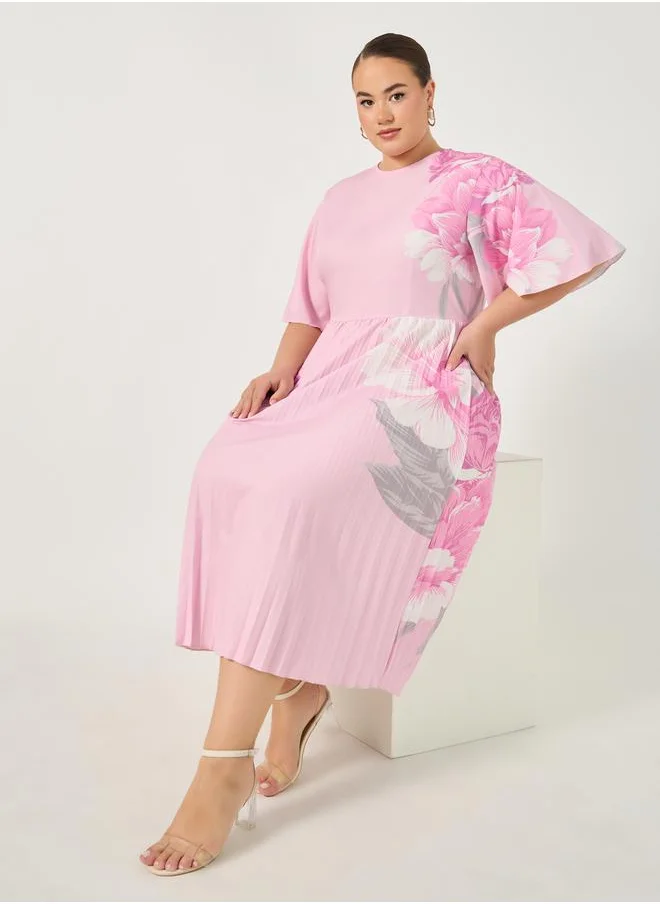 ستايلي Plus Size Floral Print Pleated A-Line Midi Dress