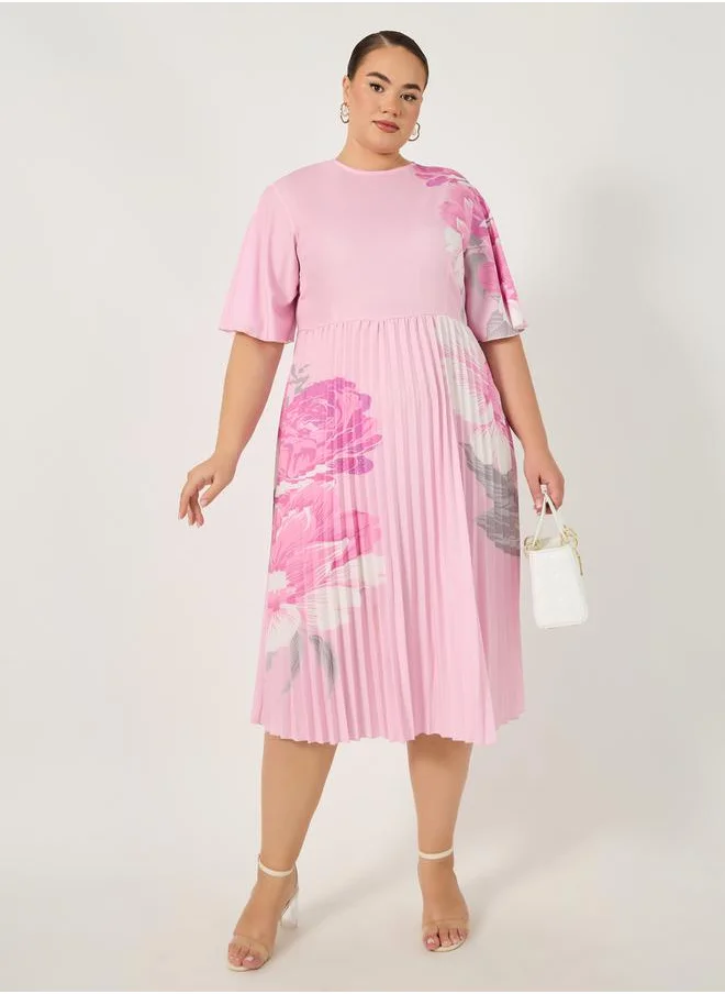 ستايلي Plus Size Floral Print Pleated A-Line Midi Dress