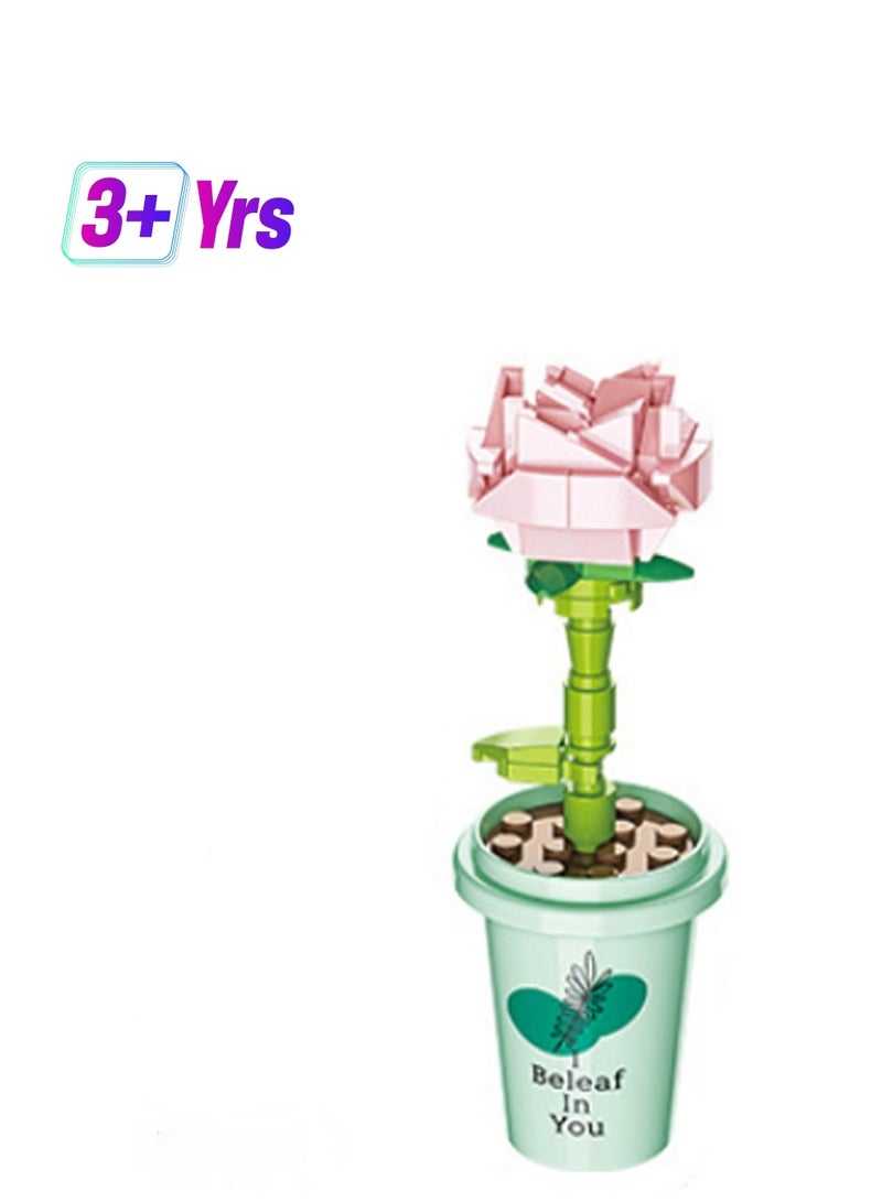 Rose Milk Tea Cup Potted Bouquet Model Set Building Blocks Creative Diy Simulation Collection Building Assembly Toys Children Adult Home Decoration  - Image 1