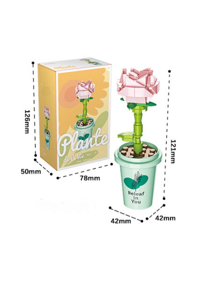 Rose Milk Tea Cup Potted Bouquet Model Set Building Blocks Creative Diy Simulation Collection Building Assembly Toys Children Adult Home Decoration  - Image 2