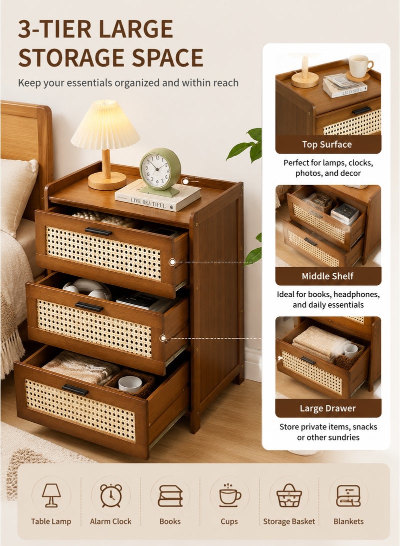 Monda 3-Tier Bamboo Bedside Table with Drawer | Boho Wooden Nightstand, Small Side Table for Bedroom Living Room, Space Saving Storage End Table - Image 4