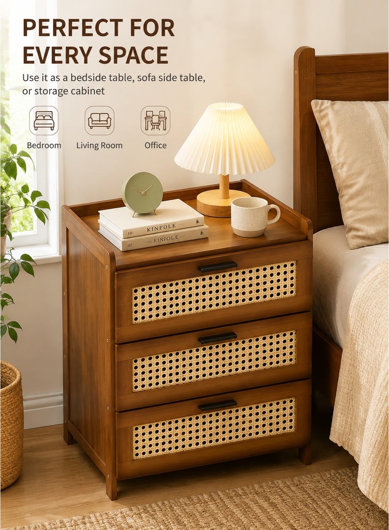 Monda 3-Tier Bamboo Bedside Table with Drawer | Boho Wooden Nightstand, Small Side Table for Bedroom Living Room, Space Saving Storage End Table - Image 2