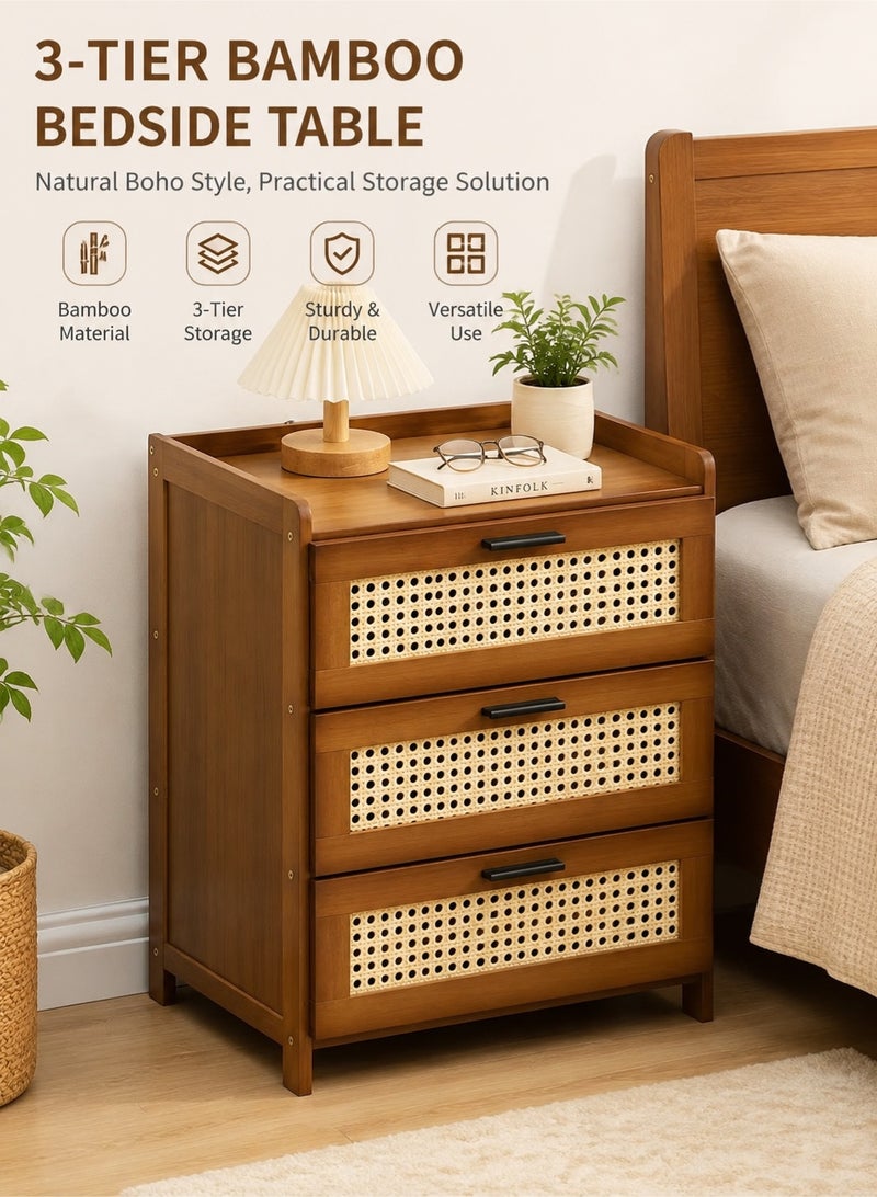 Monda 3-Tier Bamboo Bedside Table with Drawer | Boho Wooden Nightstand, Small Side Table for Bedroom Living Room, Space Saving Storage End Table - Image 1